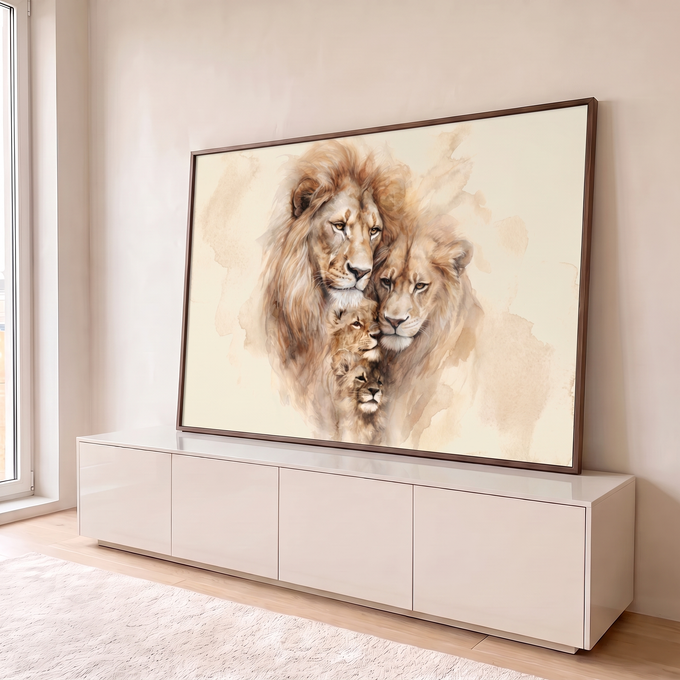 Quadro Decorativo Grande Família de Leões para Sala Bege | quadros decorativos para sala | família de leões em aquarela com dois filhotes em tons bege e marrom | em Quadros para Sala | Porao dos Quadros