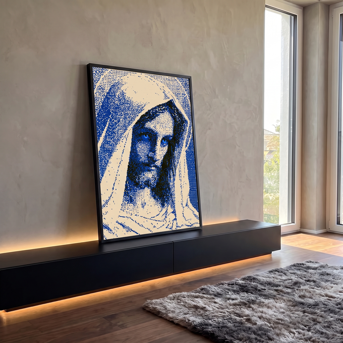 Quadro Decorativo Retrato Feminino em Pixel Art Azul e Bege | quadros decorativos para sala | retrato feminino de véu em textura pixelada azul e preta com olhos azuis vivos | em Quadros para Sala | Porao dos Quadros