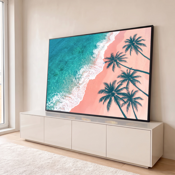 Quadro Decorativo Grande Praia Tropical Azul para Sala | quadros decorativos para sala | vista aérea de praia com mar turquesa, ondas e silhuetas de coqueiros sobre areia rosa | em Quadros para Sala | Porao dos Quadros