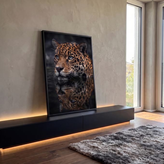 Onça pintada de olhos claros com a cabeça fora da água escura e reflexo espelhado, quadro decorativo