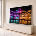 Quadro Decorativo Grande Estufa Vitoriana para Sala Roxo | quadros decorativos para sala | estufa vitoriana iluminada por luzes neon roxas, rosas e laranjas à noite | em Quadros para Sala | Porao dos Quadros