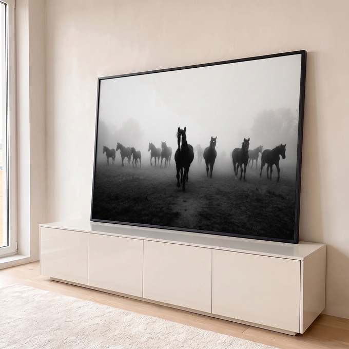 Cavalo negro à frente de uma manada no campo com névoa, em fotografia preto e branco, quadro decorativo