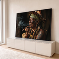 Quadro Decorativo Grande Indígena com Cocar para Sala Marrom | quadros decorativos para sala | homem indígena de cocar fumando charuto com pintura facial e tatuagens | em Quadros para Sala | Porao dos Quadros