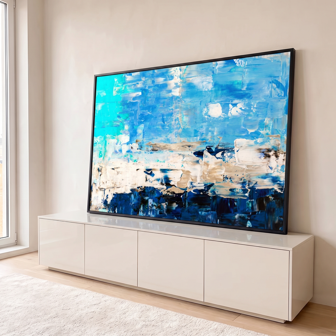 Quadro Decorativo Grande Abstrato para Sala Azul | quadros decorativos para sala | pintura abstrata em camadas de azul turquesa, azul marinho e branco com textura | em Quadros para Sala | Porao dos Quadros