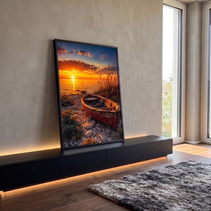 Barco de madeira vermelho em praia de pedras com capim e pôr do sol laranja sobre o mar, quadro decorativo