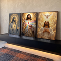 Quadro Decorativo Kit 3 Telas Jesus Luz para Sala Dourado | quadros decorativos para sala | três representações de Jesus Cristo com coração sagrado, luz dourada e pomba branca | em Quadros para Sala | Porao dos Quadros