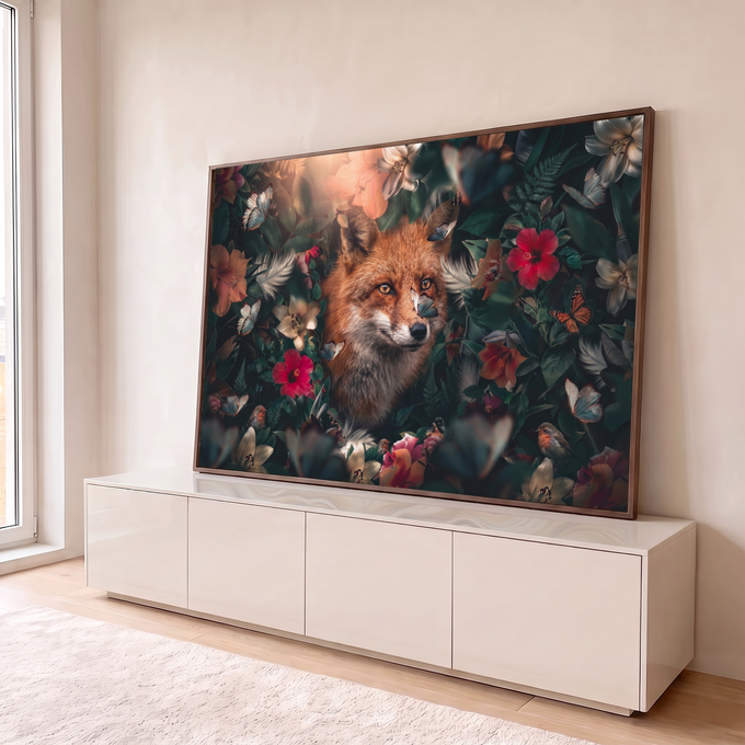 Raposa ruiva entre hibiscos, lírios, borboletas e folhagens verdes em arte digital, quadro decorativo