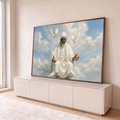Oxalá de manto branco e colares de contas, mãos abertas entre nuvens e pombas brancas, quadro decorativo