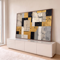 Quadro Decorativo Grande Abstrato Dourado para Sala Dourado | quadros decorativos para sala | composição abstrata geométrica em dourado, preto e bege com textura rachada | em Quadros para Sala | Porao dos Quadros