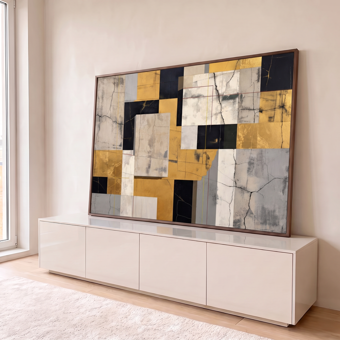 Quadro Decorativo Grande Abstrato Dourado para Sala Dourado | quadros decorativos para sala | composição abstrata geométrica em dourado, preto e bege com textura rachada | em Quadros para Sala | Porao dos Quadros