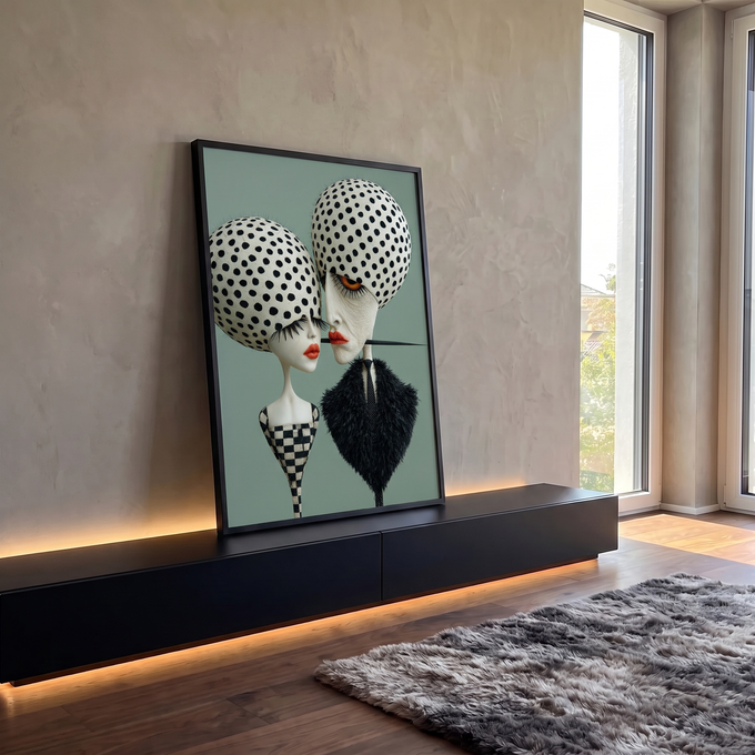 Casal surreal com cabeças de bolinhas pretas, lábios vermelhos e fundo verde sálvia, quadro decorativo