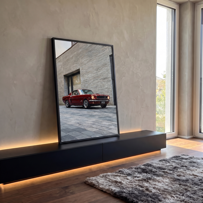 Mustang fastback vermelho clássico diante de muro de pedra cinza em pintura a óleo, quadro decorativo