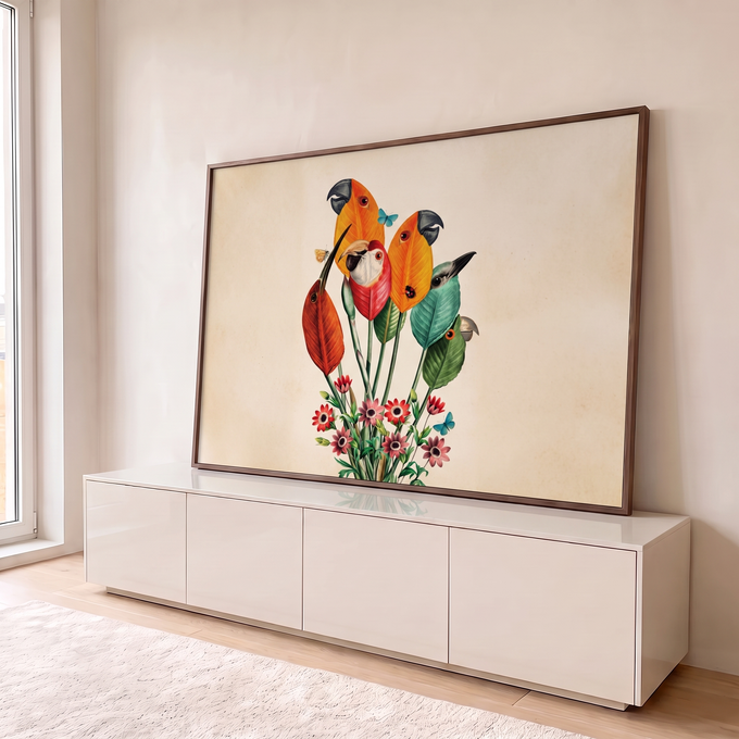 Quadro Decorativo Grande Folhas para Sala Laranja | quadros decorativos para sala | folhas coloridas com rostos de pássaros, flores e borboletas em fundo bege | em Quadros para Sala | Porao dos Quadros