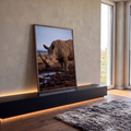 Rinoceronte de perfil com chifre longo ao lado de poça de lama na savana, fotografia, quadro decorativo