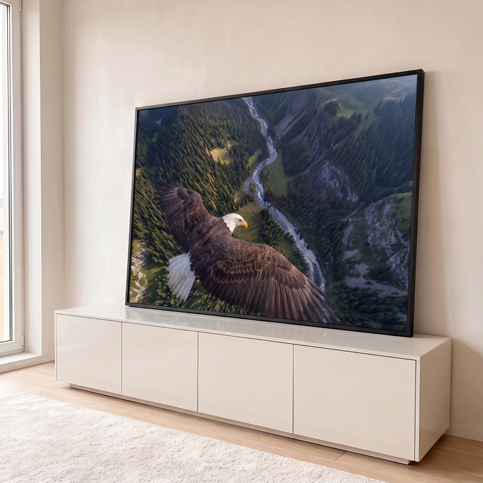 Quadro Decorativo Grande Águia Voando para Sala Verde | quadros decorativos para sala | águia de cabeça branca voando com asas abertas sobre vale e rio | em Quadros para Sala | Porao dos Quadros