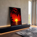 Quadro Decorativo Grande Pôr do Palmeiras para Sala Vermelho | quadros decorativos para sala | pôr do sol vermelho e laranja entre silhuetas de palmeiras tropicais à beira-mar | em Quadros para Sala | Porao dos Quadros