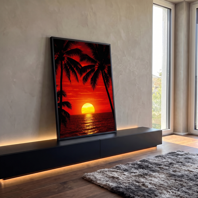 Quadro Decorativo Grande Pôr do Palmeiras para Sala Vermelho | quadros decorativos para sala | pôr do sol vermelho e laranja entre silhuetas de palmeiras tropicais à beira-mar | em Quadros para Sala | Porao dos Quadros