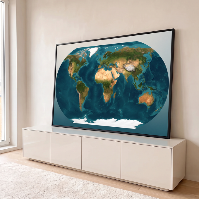 Quadro Decorativo Grande Mapa Mundi em Relevo para Sala Azul | quadros decorativos para sala | mapa-múndi em relevo com continentes verdes e oceanos azul-petróleo escuro | em Quadros para Sala | Porao dos Quadros