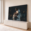 Quadro Decorativo Grande Jesus Abraçando para Sala Preto | quadros decorativos para sala | homem de manto branco abraçando três crianças com fundo escuro e dourado | em Quadros para Sala | Porao dos Quadros