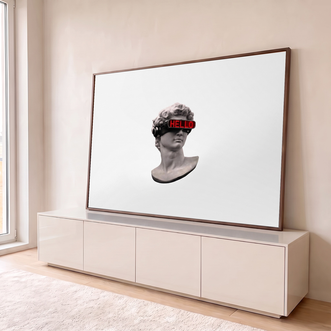 Busto clássico de Davi em mármore com visor futurista LED vermelho HELLO, fundo branco, quadro decorativo
