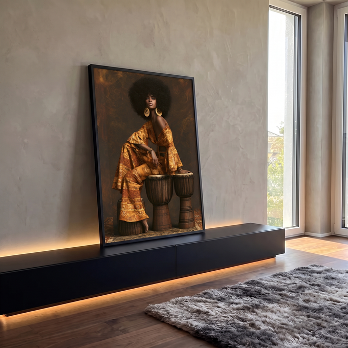 Quadro Decorativo Mulher Dourada entre Tambores Africanos | quadros decorativos para sala | em ambiente 1 | Porao dos Quadros