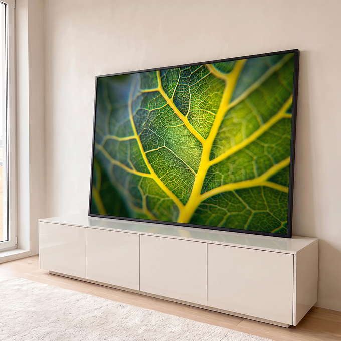 Folha verde fotografada em close com nervuras amarelas e textura rendada, fundo desfocado, quadro decorativo