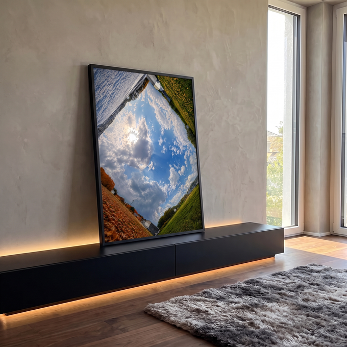 Céu azul com nuvens e sol cercado por neve, campo florido, folhas de outono e grama, quadro decorativo