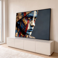 Quadro Decorativo Grande Rosto Tribal para Sala Azul | quadros decorativos para sala | rosto com pintura tribal azul e vermelha, runas douradas e costuras falsas | em Quadros para Sala | Porao dos Quadros