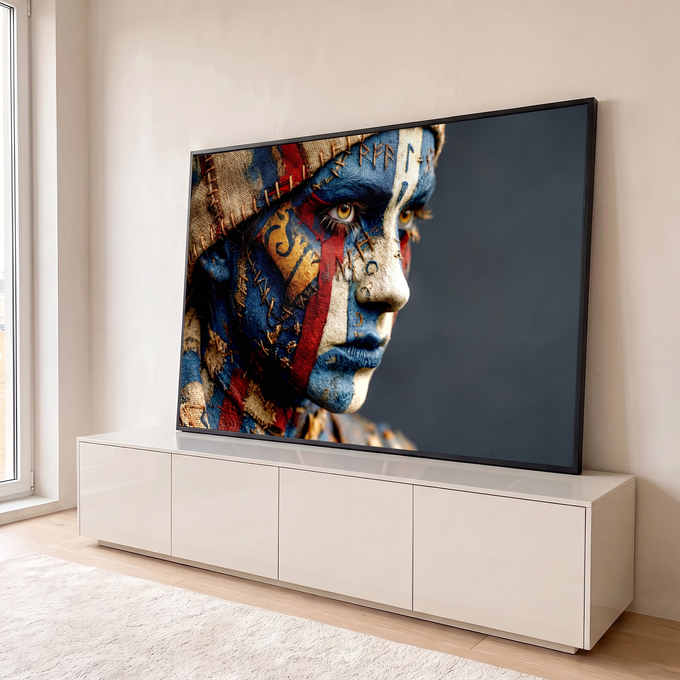 Quadro Decorativo Grande Rosto Tribal para Sala Azul | quadros decorativos para sala | rosto com pintura tribal azul e vermelha, runas douradas e costuras falsas | em Quadros para Sala | Porao dos Quadros