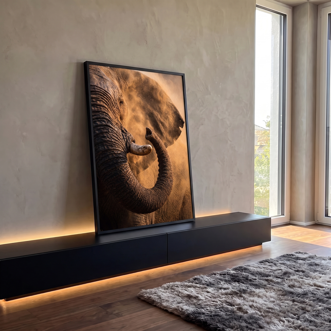 Elefante africano em close com tromba enrolada, presa de marfim e poeira dourada, quadro decorativo
