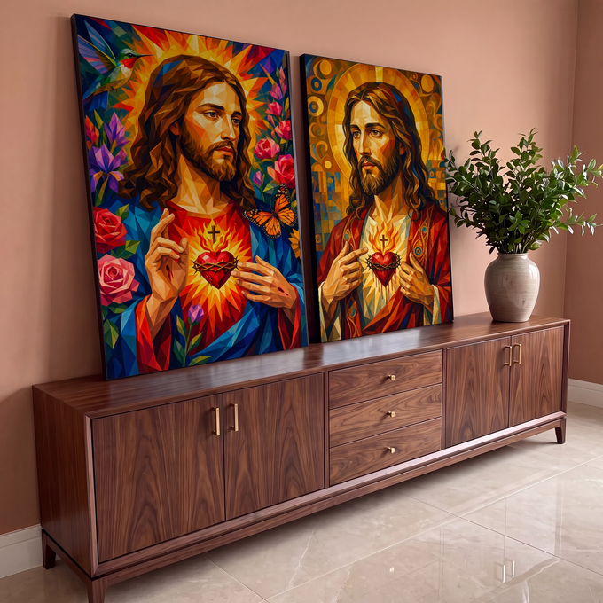 Quadro Decorativo Kit 2 Telas Sagrado Coração para Sala | quadros decorativos para sala | Jesus Cristo com Sagrado Coração em estilo geométrico dourado e azul, duas telas | em Quadros para Sala | Porao dos Quadros