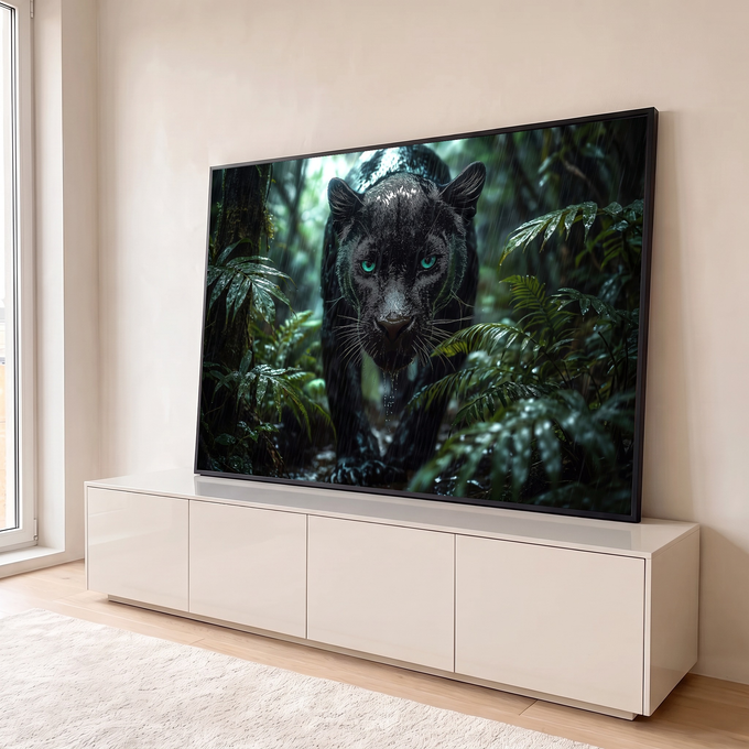 Pantera negra de olhos verdes caminhando na chuva entre folhagens da floresta tropical, quadro decorativo