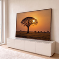 Quadro Decorativo Grande Árvore Africana para Sala Laranja | quadros decorativos para sala | árvore em silhueta contra céu laranja de pôr do sol na savana | em Quadros para Sala | Porao dos Quadros