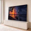 Quadro Decorativo Grande Passagem do Dia para Sala Laranja | quadros decorativos para sala | lago com barco e píer mostrando transição do pôr do sol à noite estrelada | em Quadros para Sala | Porao dos Quadros