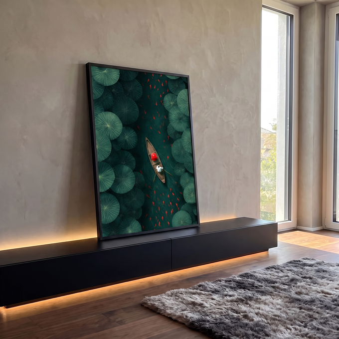 Quadro Decorativo Barco em Rio com Lótus e Peixes Vermelhos | quadros decorativos para sala | vista aérea de barco de madeira entre folhas de lótus e peixes vermelhos nadando | em Quadros para Sala | Porao dos Quadros