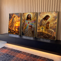 Quadro Decorativo Kit 3 Telas Nossa Senhora Cristo para Sala | quadros decorativos para sala | tríptico com Nossa Senhora, Sagrado Coração de Jesus e Jesus orando diante de três cruzes | em Quadros para Sala | Porao dos Quadros