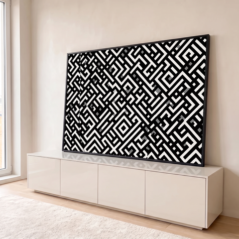 Padrão abstrato de labirinto geométrico diagonal em preto e branco com detalhes cinza, quadro decorativo