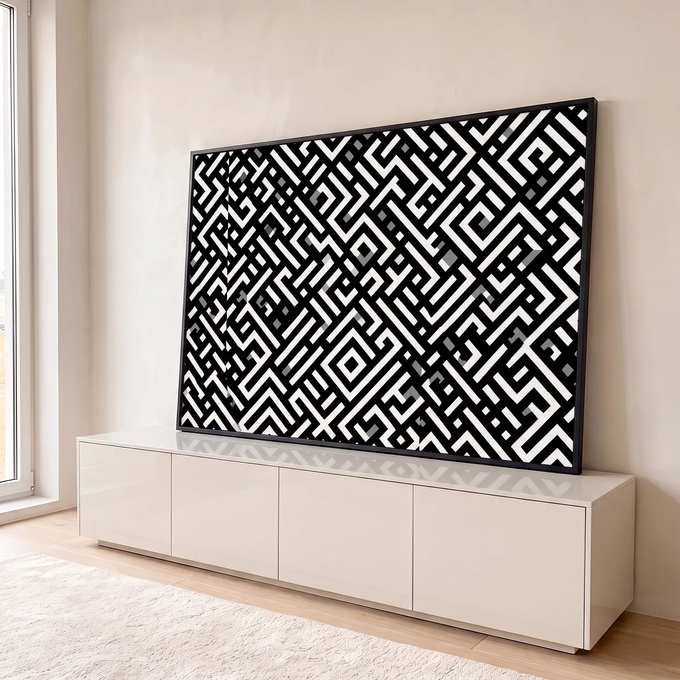 Padrão abstrato de labirinto geométrico diagonal em preto e branco com detalhes cinza, quadro decorativo