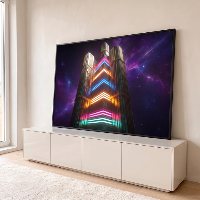 Arranha-céu art déco com faixas de neon rosa, azul e laranja sob galáxia roxa estrelada, quadro decorativo