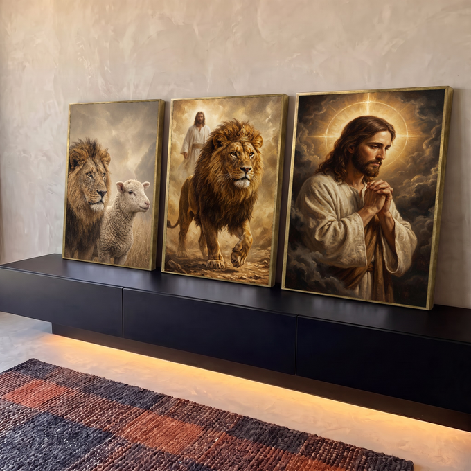Quadro Decorativo Kit 3 Telas Leão Coroado para Sala Dourado | quadros decorativos para sala | leão coroado, cordeiro e Jesus em oração com luz dourada e halo | em Quadros para Sala | Porao dos Quadros