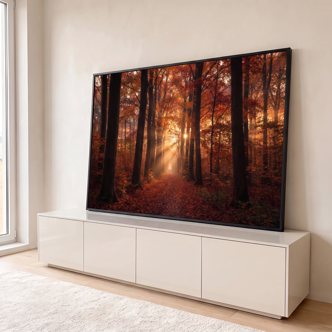 Quadro Decorativo Grande Caminho para Sala Laranja | quadros decorativos para sala | caminho de folhas em floresta de outono com raios de sol entre troncos | em Quadros para Sala | Porao dos Quadros