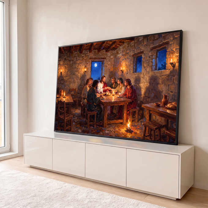 Jesus partindo o pão com os apóstolos em sala de pedra à luz de velas e lua cheia, quadro decorativo