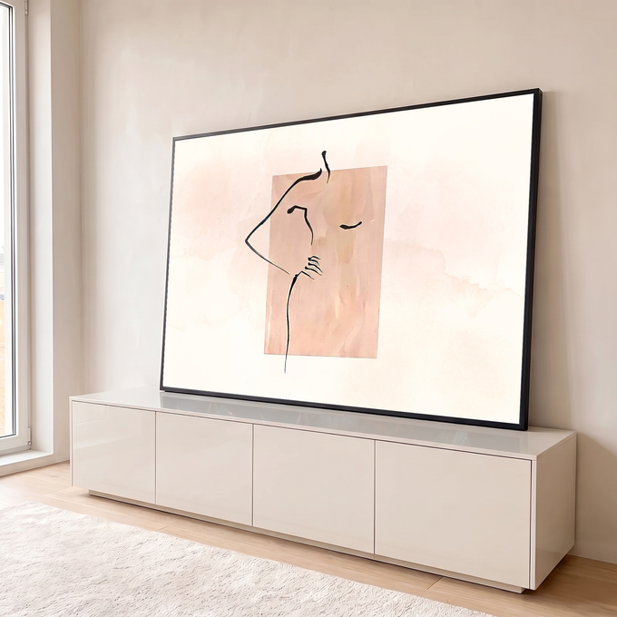 Silhueta feminina em traço preto contínuo sobre aquarela rosa nude, arte minimalista, quadro decorativo