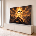 Quadro Decorativo Grande Cruz Dourado para Sala | quadros decorativos para sala | cruz de madeira com coroa de espinhos e véu branco sob céu dourado dramático | em Quadros para Sala | Porao dos Quadros