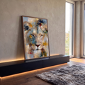 Quadro Decorativo Leão Abstrato em Tons Dourados e Azulados | quadros decorativos para sala | rosto de leão em pinceladas abstratas nos tons dourado, bege e azul-acinzentado | em Quadros para Sala | Porao dos Quadros