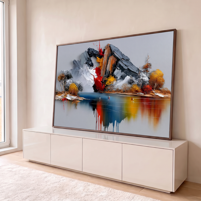 Quadro Decorativo Montanha Abstrata com Reflexo Colorido | quadros decorativos para sala | montanha abstrata em cinza e marrom com respingo vermelho e reflexo colorido no lago | em Quadros para Sala | Porao dos Quadros