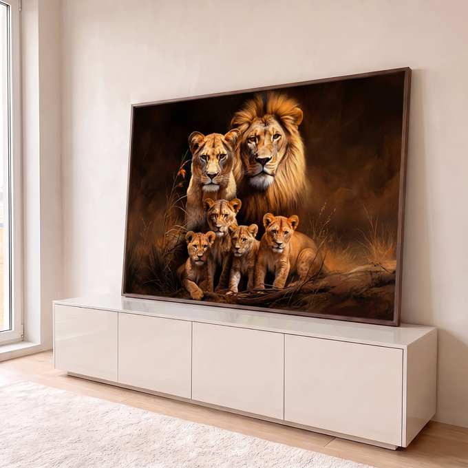 Leão, leoa e quatro filhotes juntos na savana em tons marrons e dourados, quadro decorativo