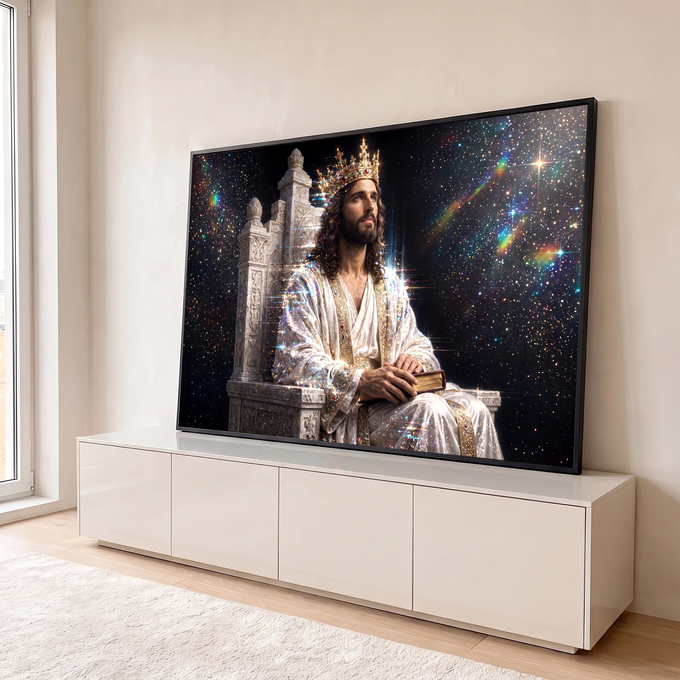 Jesus Cristo coroado sentado em trono de mármore com livro sagrado sob céu estrelado, quadro decorativo