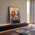 Quadro Decorativo Grande Leão com Juba de Fogo para Sala | quadros decorativos para sala | leão com juba estilizada em chamas laranja sobre rocha, sol e onda japonesa ao fundo | em Quadros para Sala | Porao dos Quadros