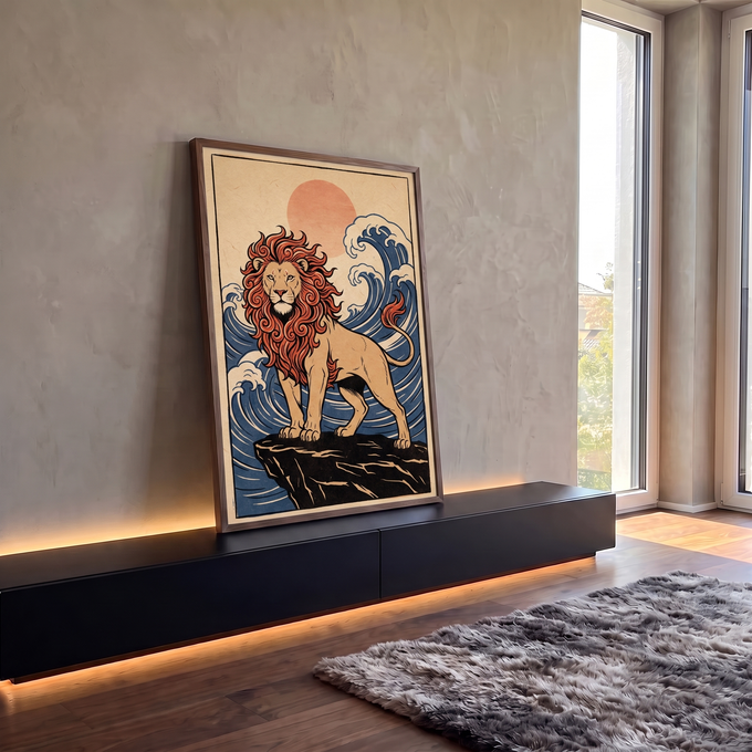 Quadro Decorativo Grande Leão com Juba de Fogo para Sala | quadros decorativos para sala | leão com juba estilizada em chamas laranja sobre rocha, sol e onda japonesa ao fundo | em Quadros para Sala | Porao dos Quadros